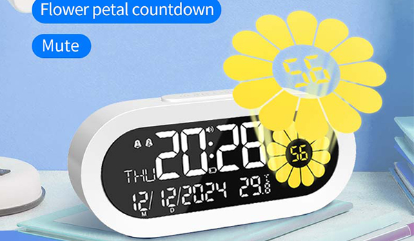 VA two-color LCD display clock perpetual calendar temperature 2 alarm clocks 4 ringtones petal display visual alarm clock