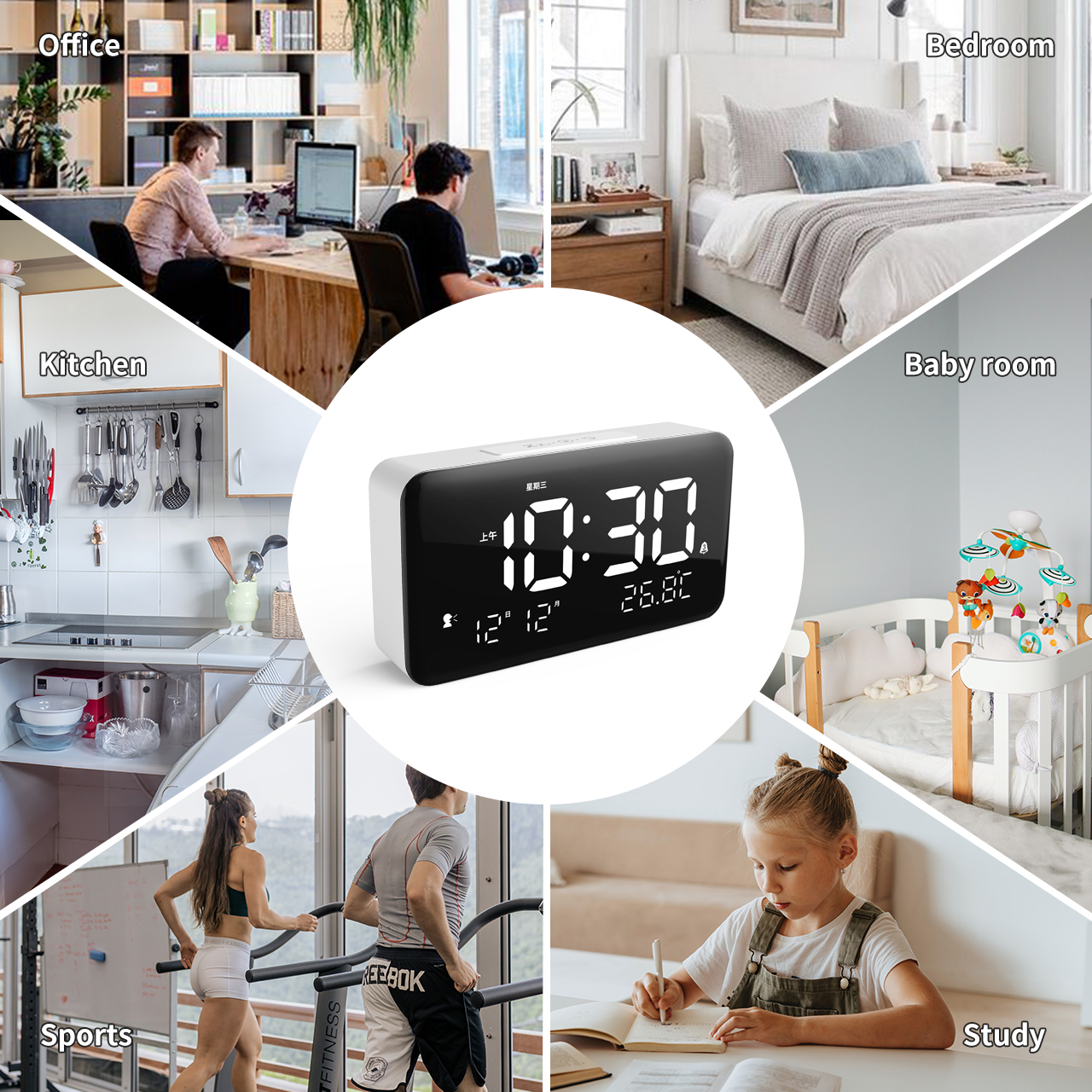 LED Clock for Bedroom, Digital Alarm Clock for Bedroom, Temperature/12/24H/Date Display, Brightness Control, Voice Control, Alarm Clock with Snooze Function, Home and Office Luganud