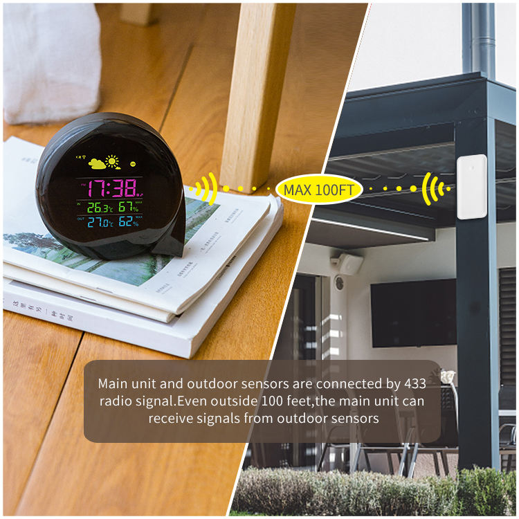 home professional ce radio control rf tech 433mhz wireless outdoor digital color LCD weather station clock with outdoor sensor