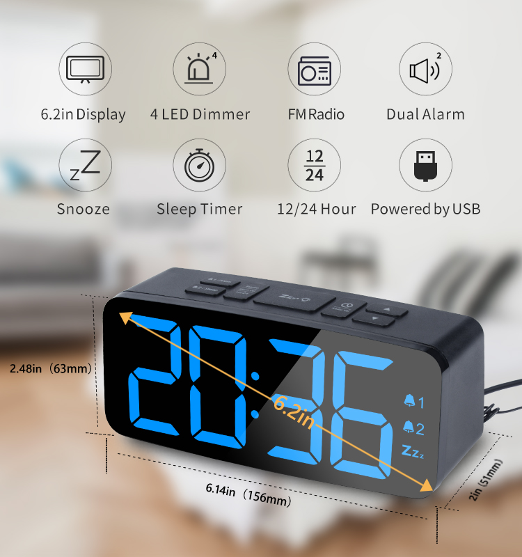 Big Screen Alarm Clock 100% ABS Plastic Radio Digital LED Display 3V CR2032 Button Battery 15 Radio Stations Creative Electronic