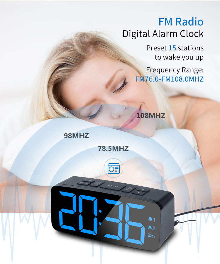 Big Screen Alarm Clock 100% ABS Plastic Radio Digital LED Display 3V CR2032 Button Battery 15 Radio Stations Creative Electronic