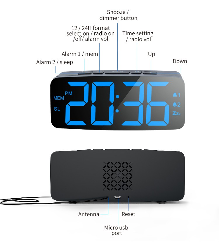 Big Screen Alarm Clock 100% ABS Plastic Radio Digital LED Display 3V CR2032 Button Battery 15 Radio Stations Creative Electronic