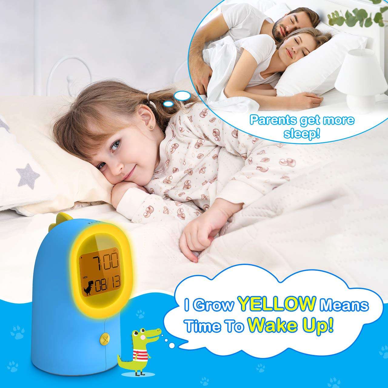 Children Alarm Clock with Night Light, Sleep Trainer for Teaching Kids Time to Wake up with 2 Rings, Digital Clock with Battery