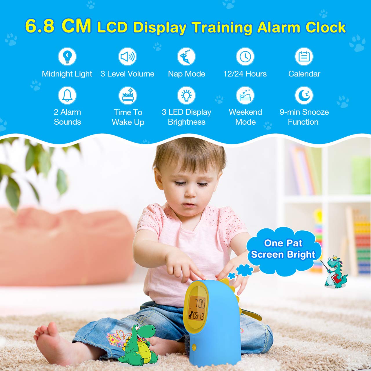 Children Alarm Clock with Night Light, Sleep Trainer for Teaching Kids Time to Wake up with 2 Rings, Digital Clock with Battery