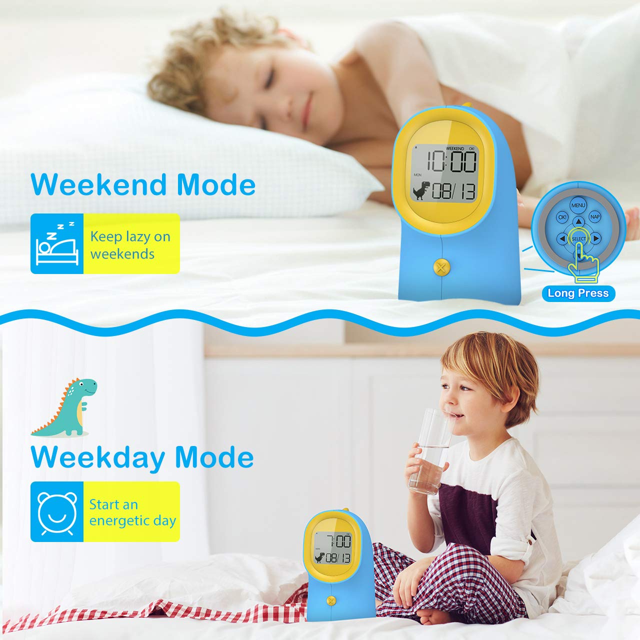 Children Alarm Clock with Night Light, Sleep Trainer for Teaching Kids Time to Wake up with 2 Rings, Digital Clock with Battery