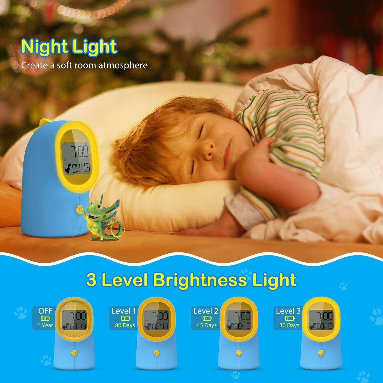 Children Alarm Clock with Night Light, Sleep Trainer for Teaching Kids Time to Wake up with 2 Rings, Digital Clock with Battery