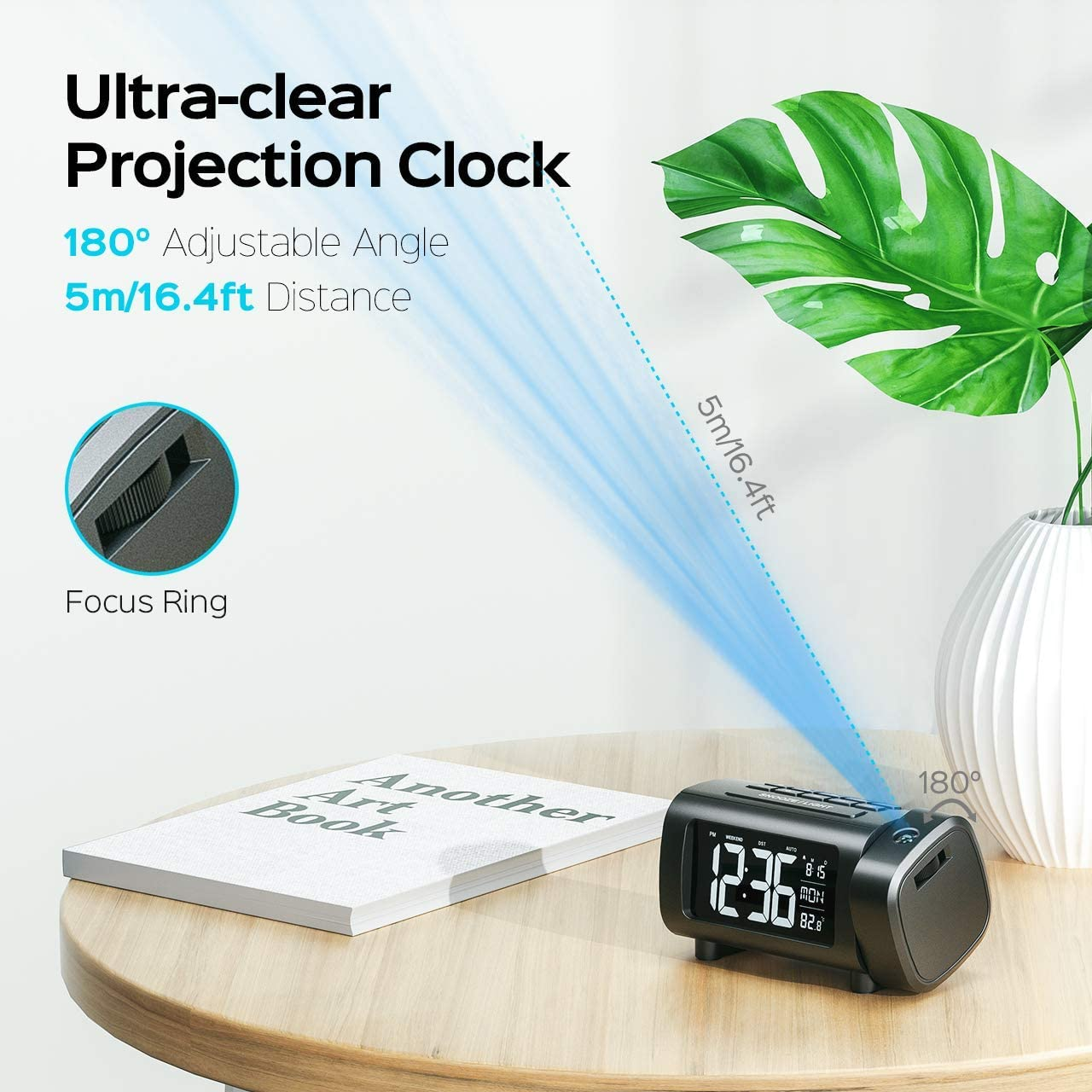 LED Projection Alarm Clock with time project desk alarm clock Digital Clock with Modern Curved Design 180° Rotatable Projector, 3-Level Brightness Dimmer, Clear Blue LED Display, Progressive Volume, 9mins Snooze,12/24H, for Bedroom