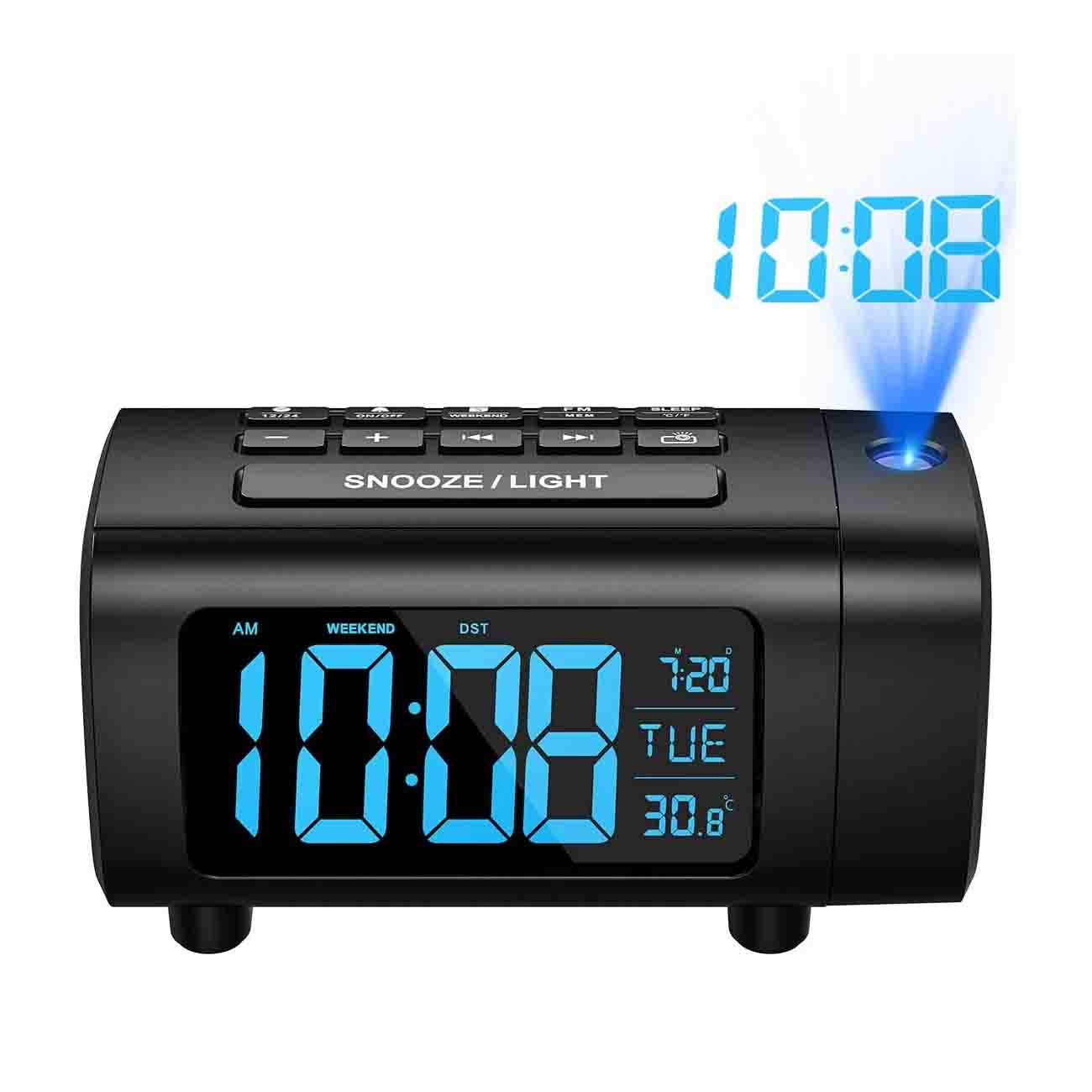 LED Projection Alarm Clock with time project desk alarm clock Digital Clock with Modern Curved Design 180° Rotatable Projector, 3-Level Brightness Dimmer, Clear Blue LED Display, Progressive Volume, 9mins Snooze,12/24H, for Bedroom