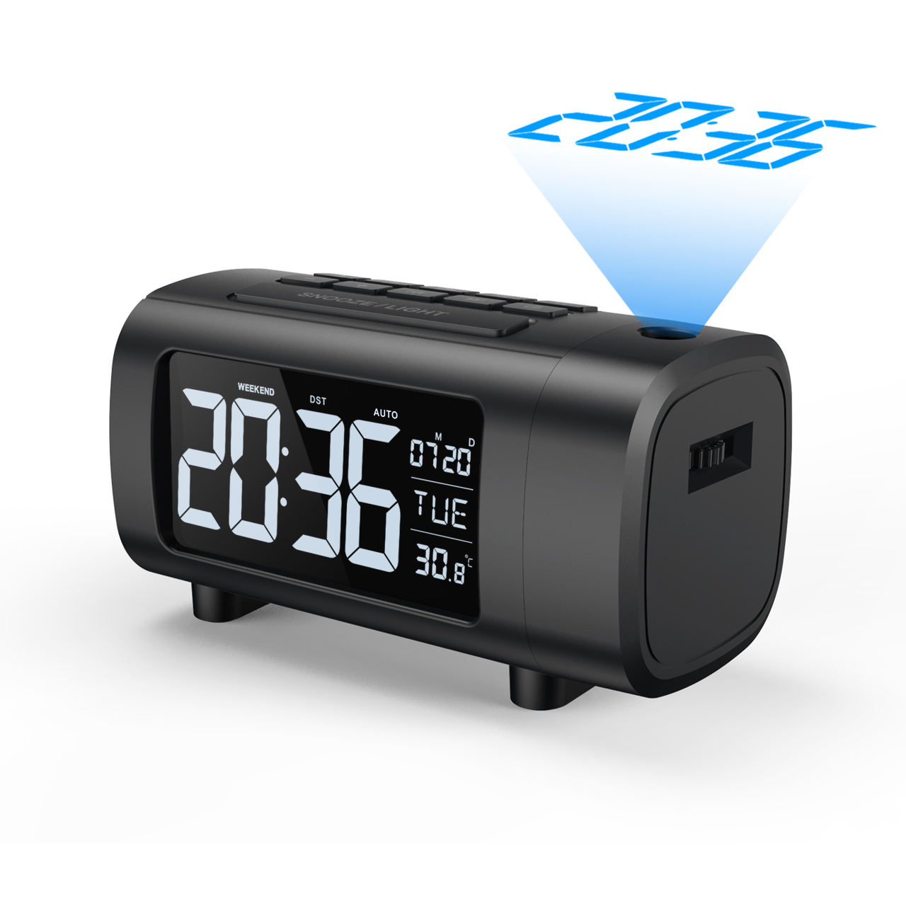 LED Projection Alarm Clock with time project desk alarm clock Digital Clock with Modern Curved Design 180° Rotatable Projector, 3-Level Brightness Dimmer, Clear Blue LED Display, Progressive Volume, 9mins Snooze,12/24H, for Bedroom