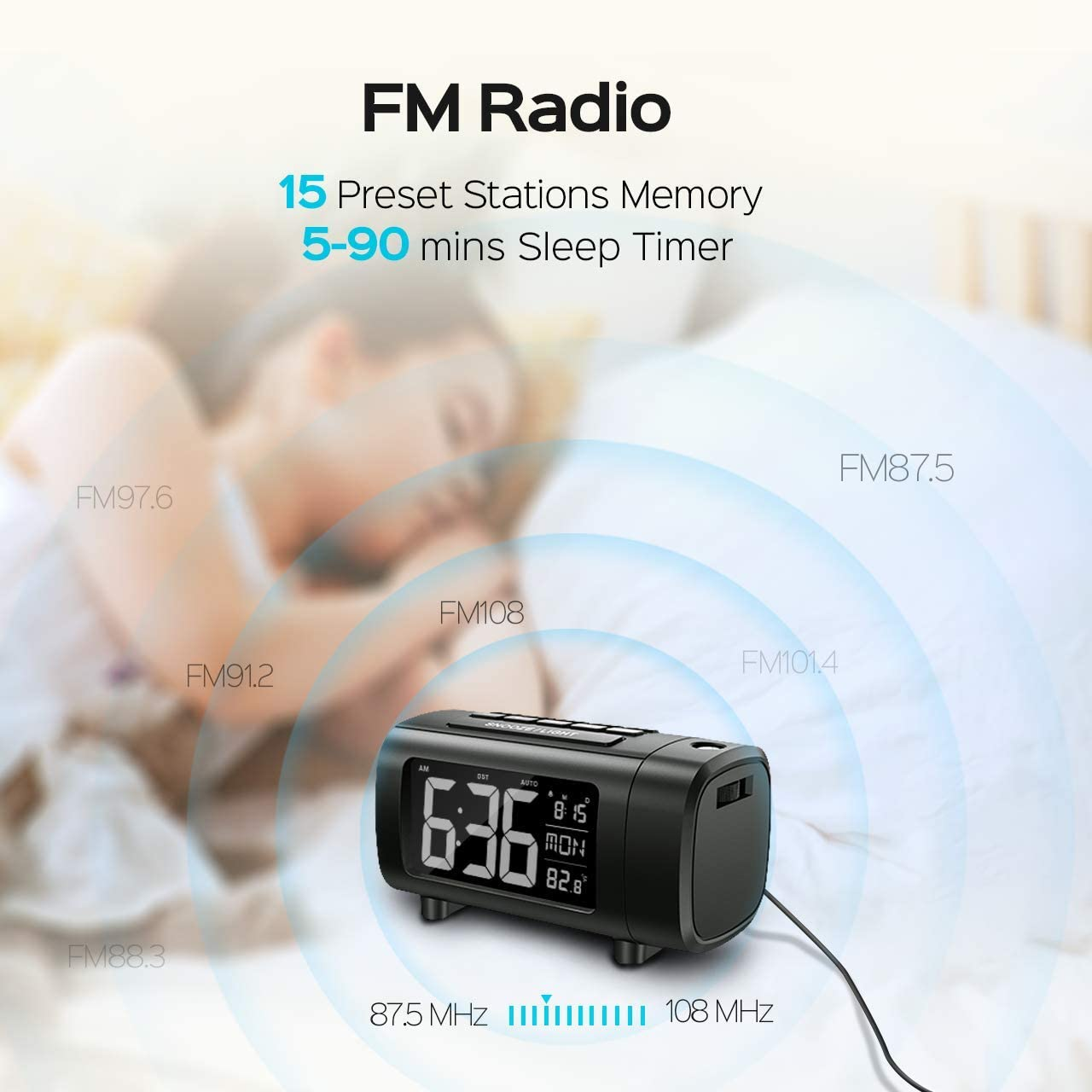 LED Projection Alarm Clock with time project desk alarm clock Digital Clock with Modern Curved Design 180° Rotatable Projector, 3-Level Brightness Dimmer, Clear Blue LED Display, Progressive Volume, 9mins Snooze,12/24H, for Bedroom