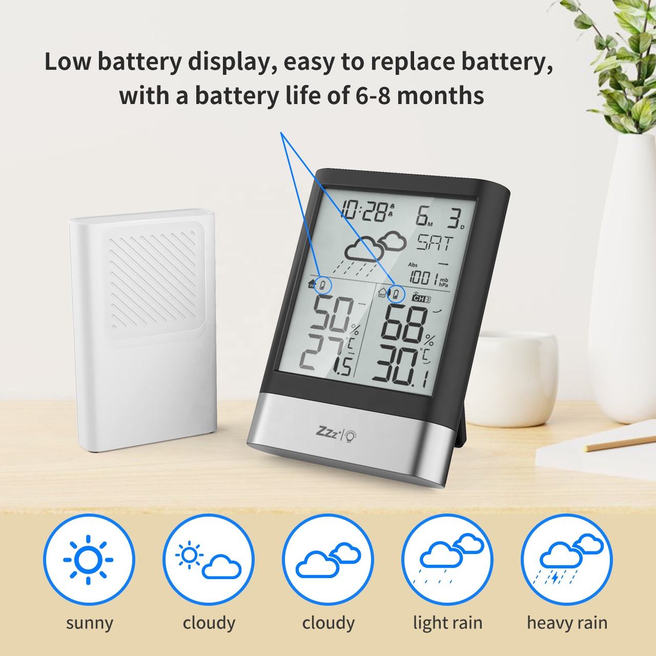 Special Design Widely Used Black big lcd screen Garden Outdoor Balcony Weather Station with sensor for household