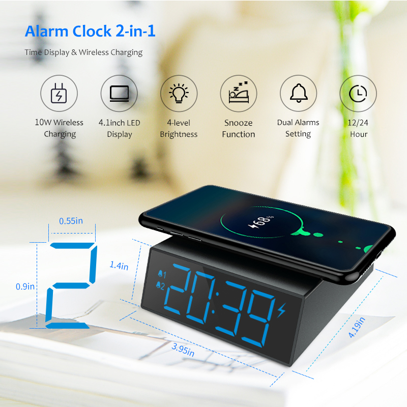 Digital LED Alarm Clock 10W Wireless Fast Charging Desktop Snooze Electronic 12/24 Hour Display