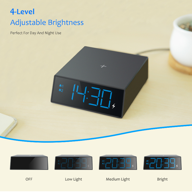 Digital LED Alarm Clock 10W Wireless Fast Charging Desktop Snooze Electronic 12/24 Hour Display