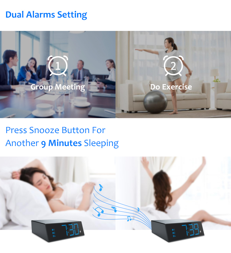 Digital LED Alarm Clock 10W Wireless Fast Charging Desktop Snooze Electronic 12/24 Hour Display