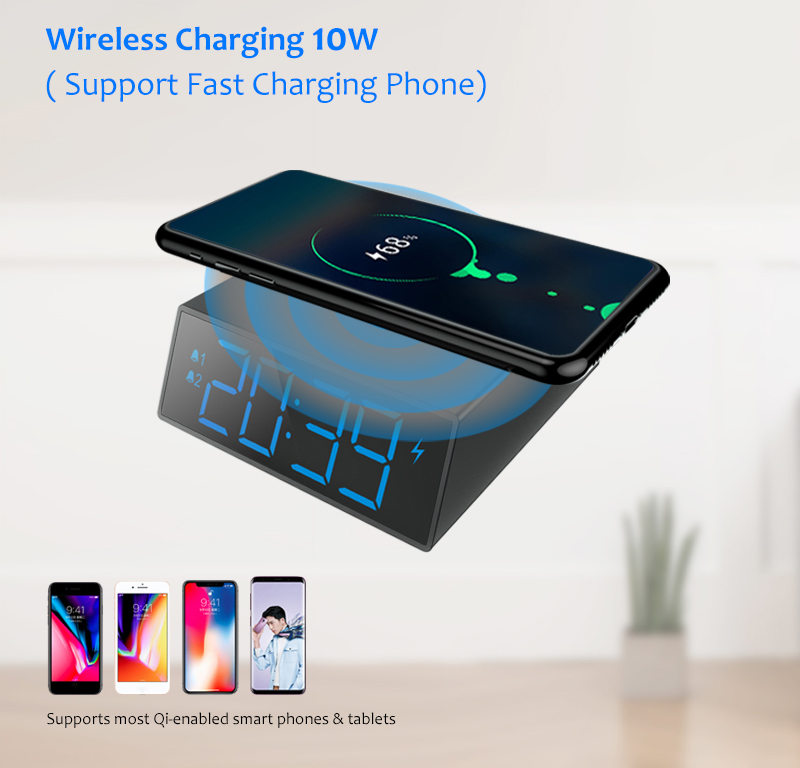 Digital LED Alarm Clock 10W Wireless Fast Charging Desktop Snooze Electronic 12/24 Hour Display