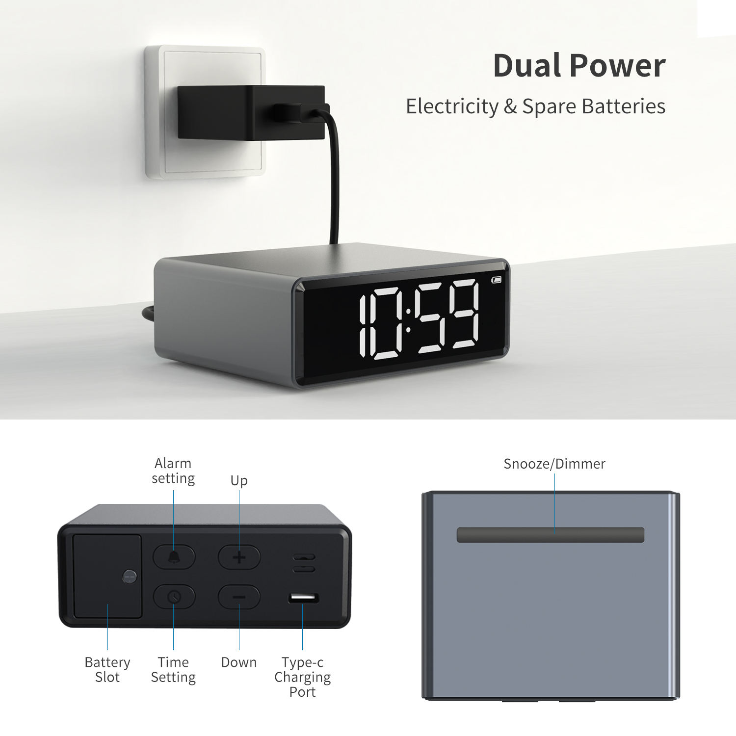 Digital alarm clock: 4-brightness LED display, 12/24h snooze, power adapter with battery backup