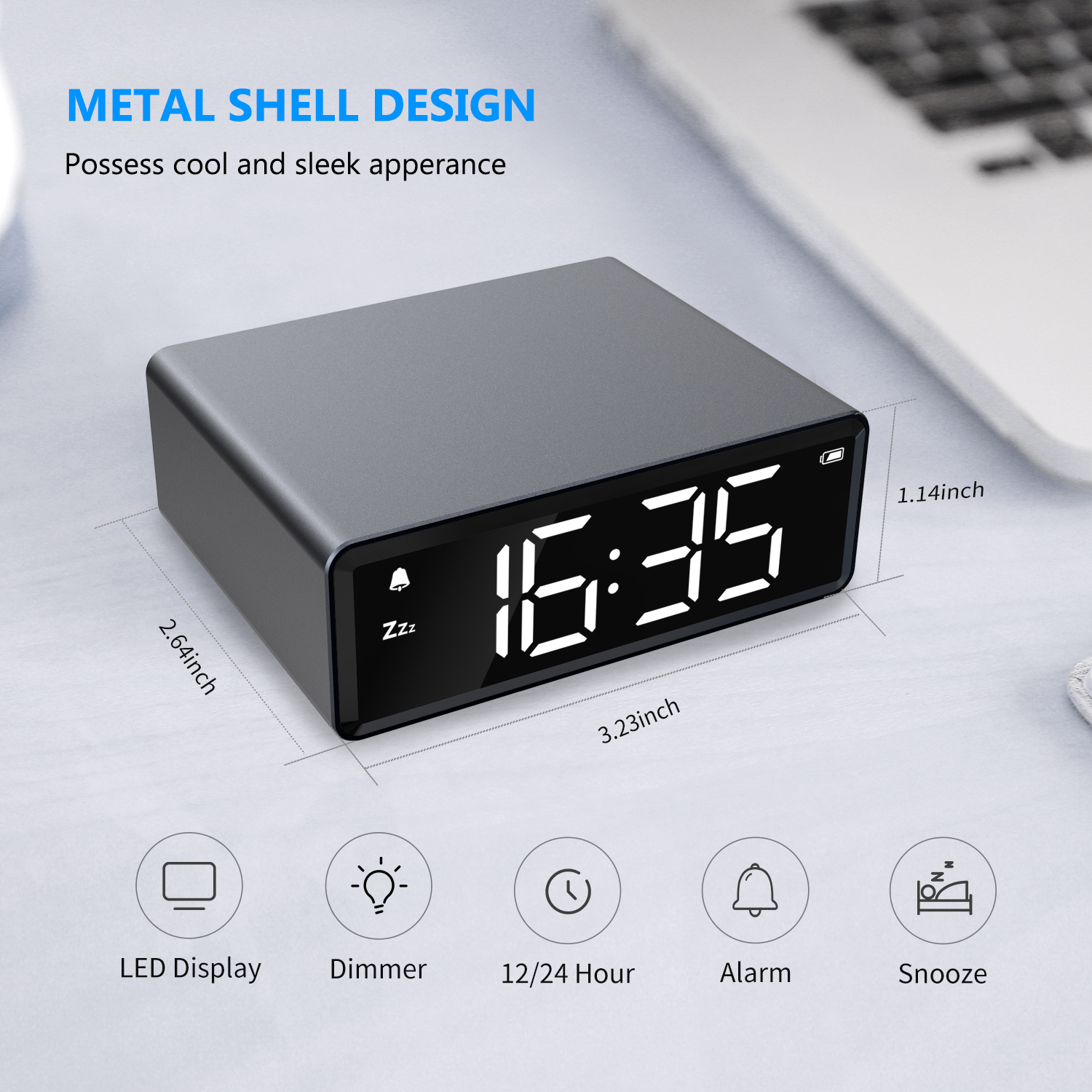 Digital alarm clock: 4-brightness LED display, 12/24h snooze, power adapter with battery backup