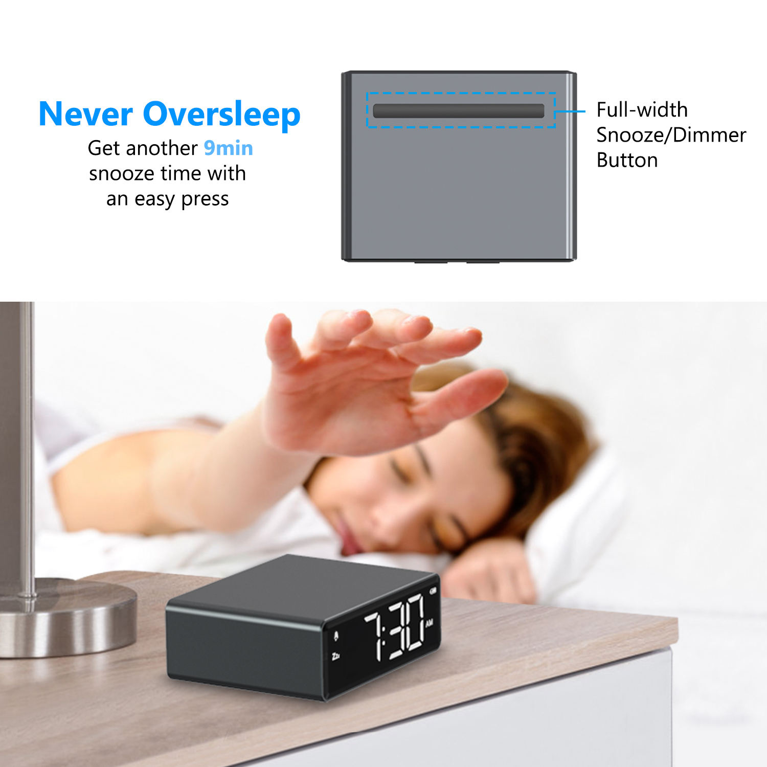 Digital alarm clock: 4-brightness LED display, 12/24h snooze, power adapter with battery backup