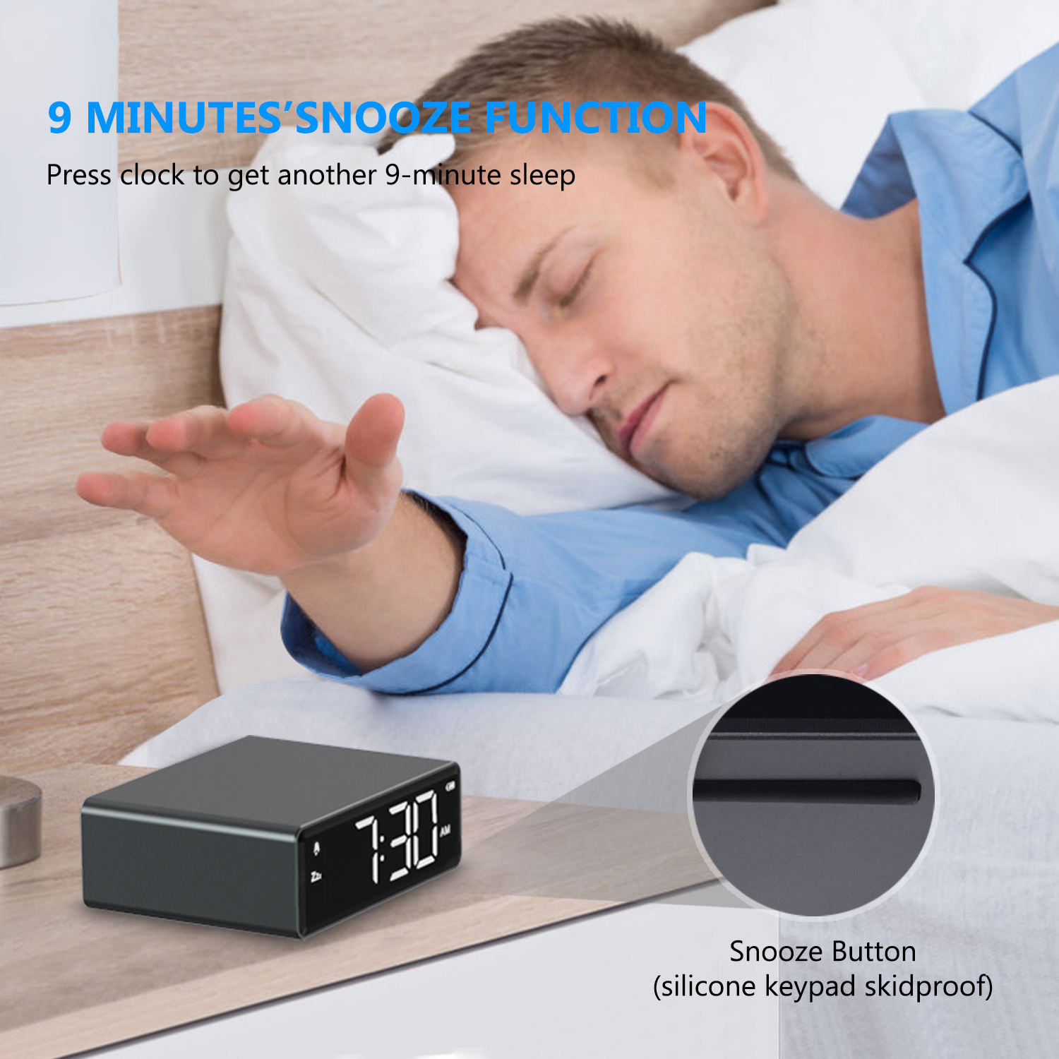 Digital alarm clock: 4-brightness LED display, 12/24h snooze, power adapter with battery backup