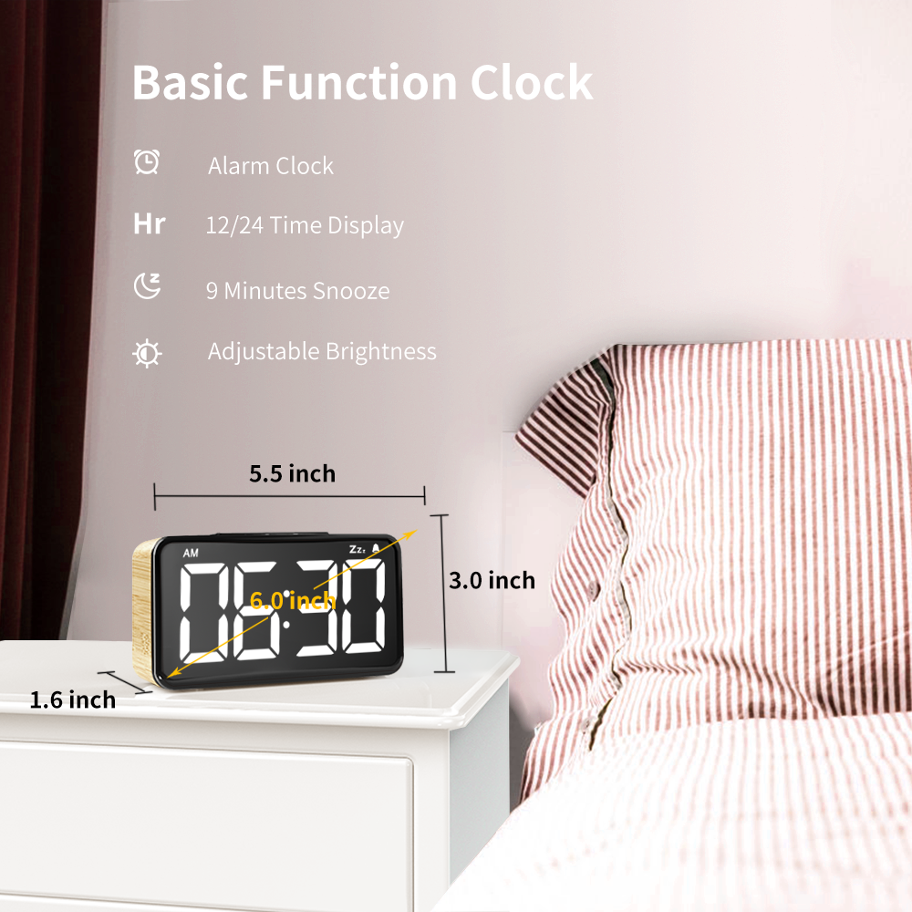 Digital Alarm Clock 6 Inch LED Digit Display Wood Grain Alarm Clock with Snooze Function, 6 Levels of Dimming Brightness, USB Rechargeable, Modern Minimalist Style Alarm Clock for Bedroom Decor, Desk, Bedside, Office