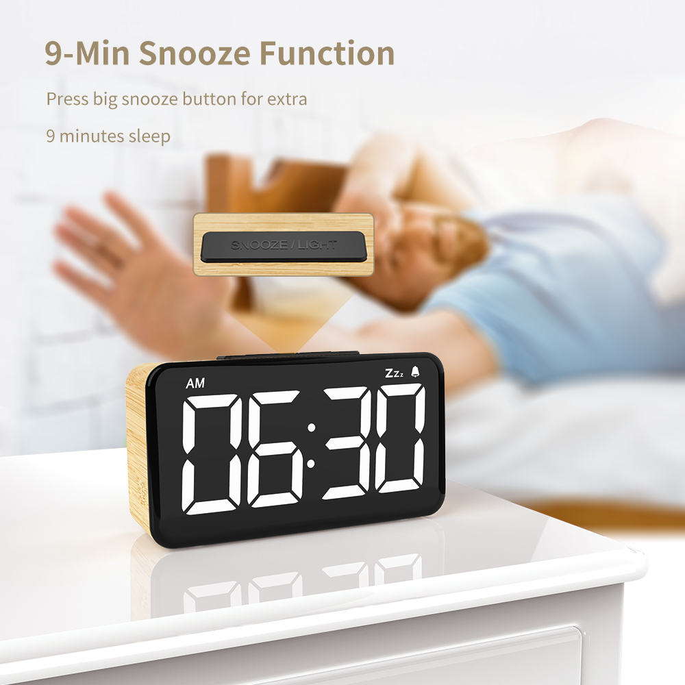 Digital Alarm Clock 6 Inch LED Digit Display Wood Grain Alarm Clock with Snooze Function, 6 Levels of Dimming Brightness, USB Rechargeable, Modern Minimalist Style Alarm Clock for Bedroom Decor, Desk, Bedside, Office