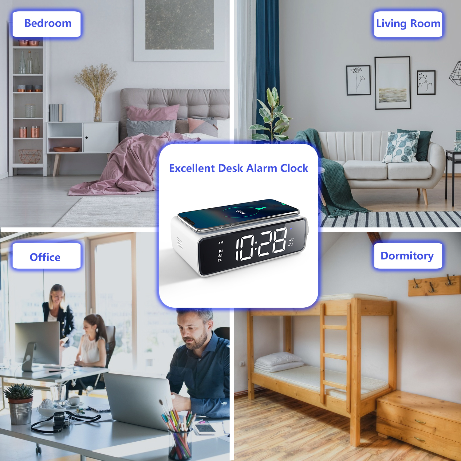 Alarm Clock with Wireless Charging Pad, Sleep Timer, 15W Wireless Charger for iPhone Additional USB Port