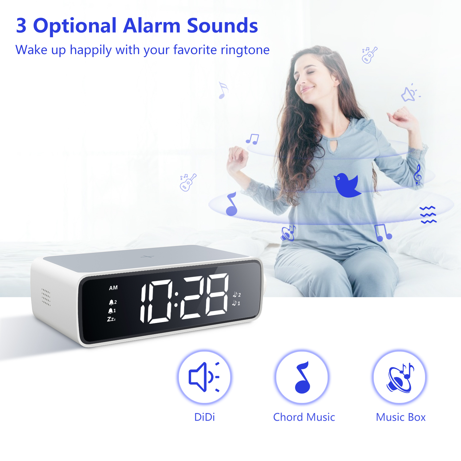 Alarm Clock with Wireless Charging Pad, Sleep Timer, 15W Wireless Charger for iPhone Additional USB Port