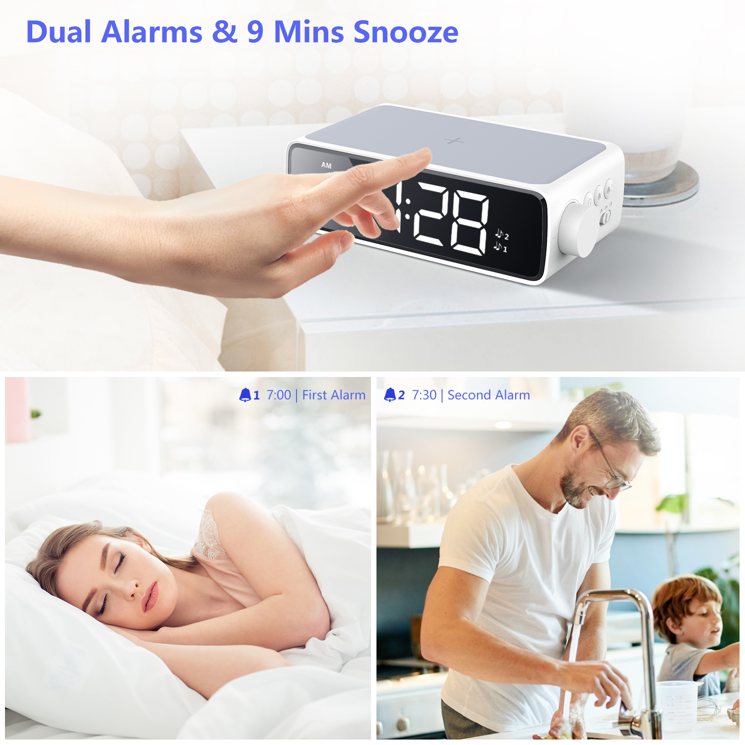 Alarm Clock with Wireless Charging Pad, Sleep Timer, 15W Wireless Charger for iPhone Additional USB Port