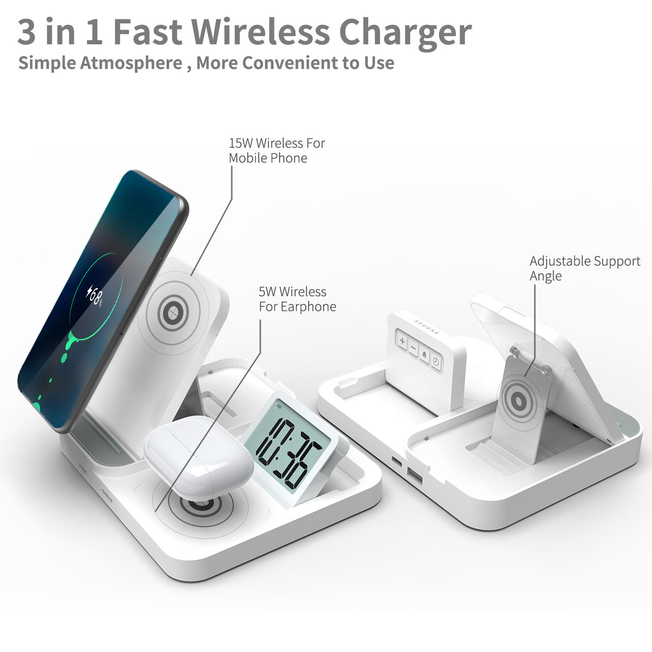 3in1 Wireless 15W Fast Charger with LED Digital Display Alarm Clock USB Charging for Earphone Promotional Various Durable Usin