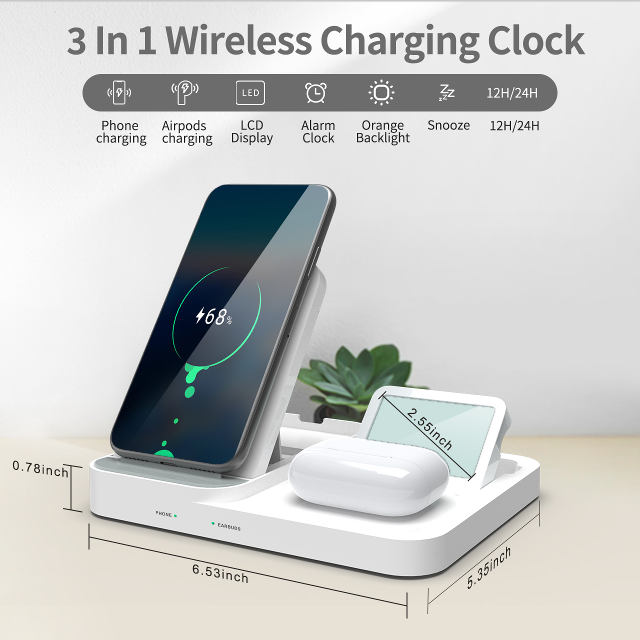 3in1 Wireless 15W Fast Charger with LED Digital Display Alarm Clock USB Charging for Earphone Promotional Various Durable Usin