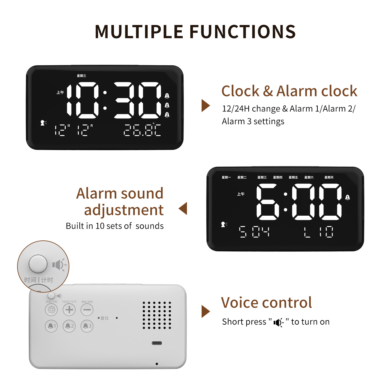 Large Timer with Alarm Clock, 5.5" Digital Big Countdown Clock with Temperature, Super Loud Alarm for Seniors and Kids, Rechargeable Desk Snooze Night Light Clock for Heavy Sleepers, Table Standing