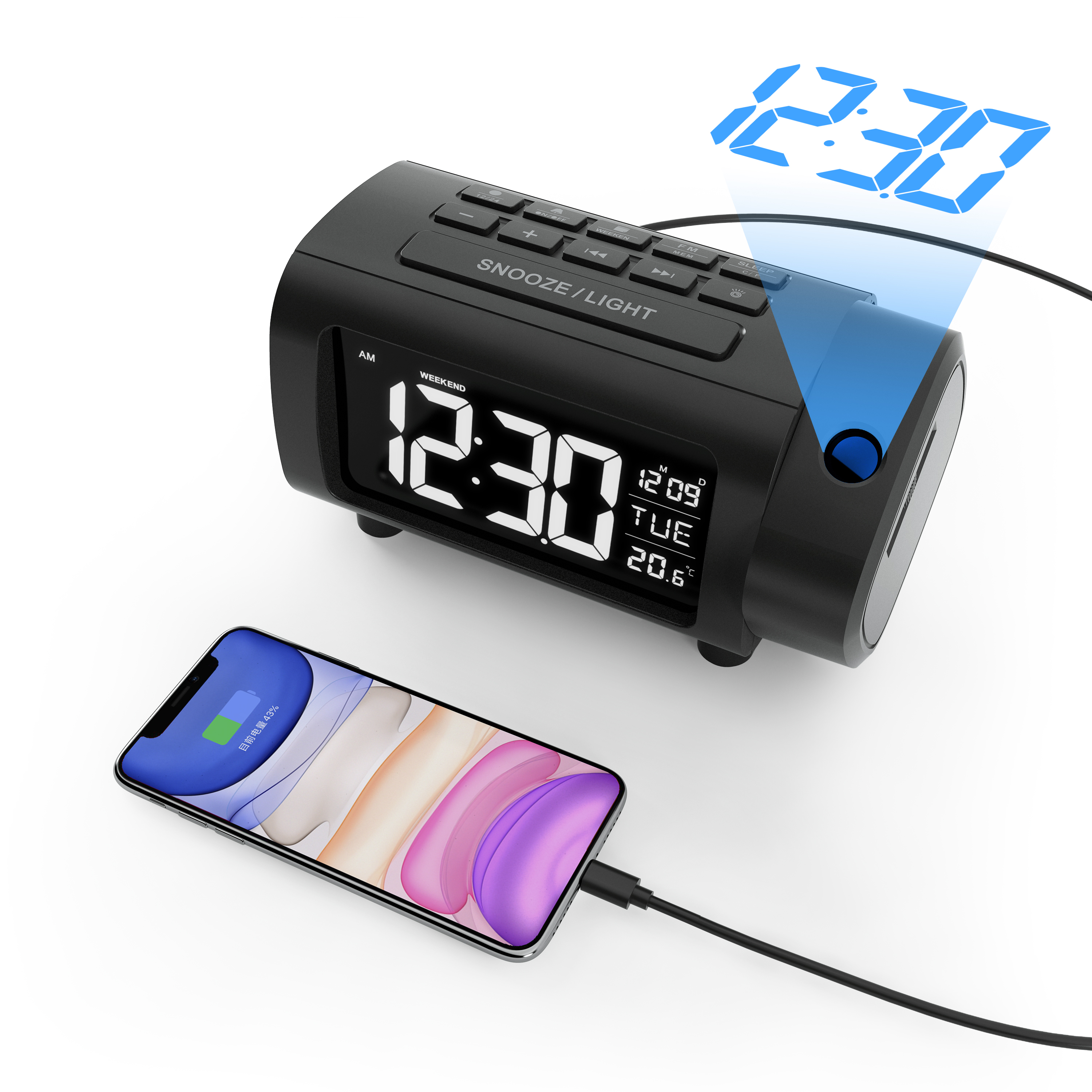 LED Projection Alarm Clock with time project desk alarm clock Digital Clock with Modern Curved Design 180° Rotatable Projector, 3-Level Brightness Dimmer, Clear Blue LED Display, Progressive Volume, 9mins Snooze,12/24H, for Bedroom