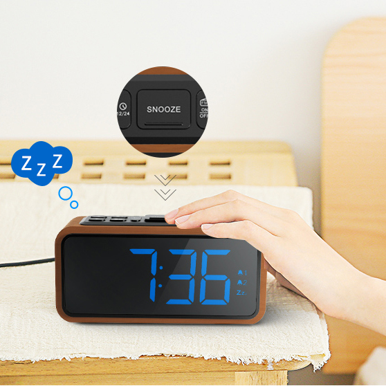 Digital Home Electronic Clock, Alarm Clock, FM Wooden Digital Alarm Clock Radio with Large LED Display, Brightness Dimmer and Snooze, Dual Alarm 12/24h