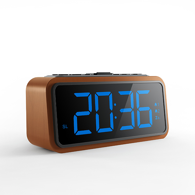 Digital Home Electronic Clock, Alarm Clock, FM Wooden Digital Alarm Clock Radio with Large LED Display, Brightness Dimmer and Snooze, Dual Alarm 12/24h