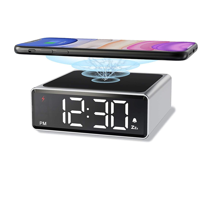 LEAD Small Metal Alarm Clock with Qi Wireless Charging Brand New Digital Alarm Clock,Multifunctional Alarm Simple Operation LED Full-Screen Display Electronic Clock