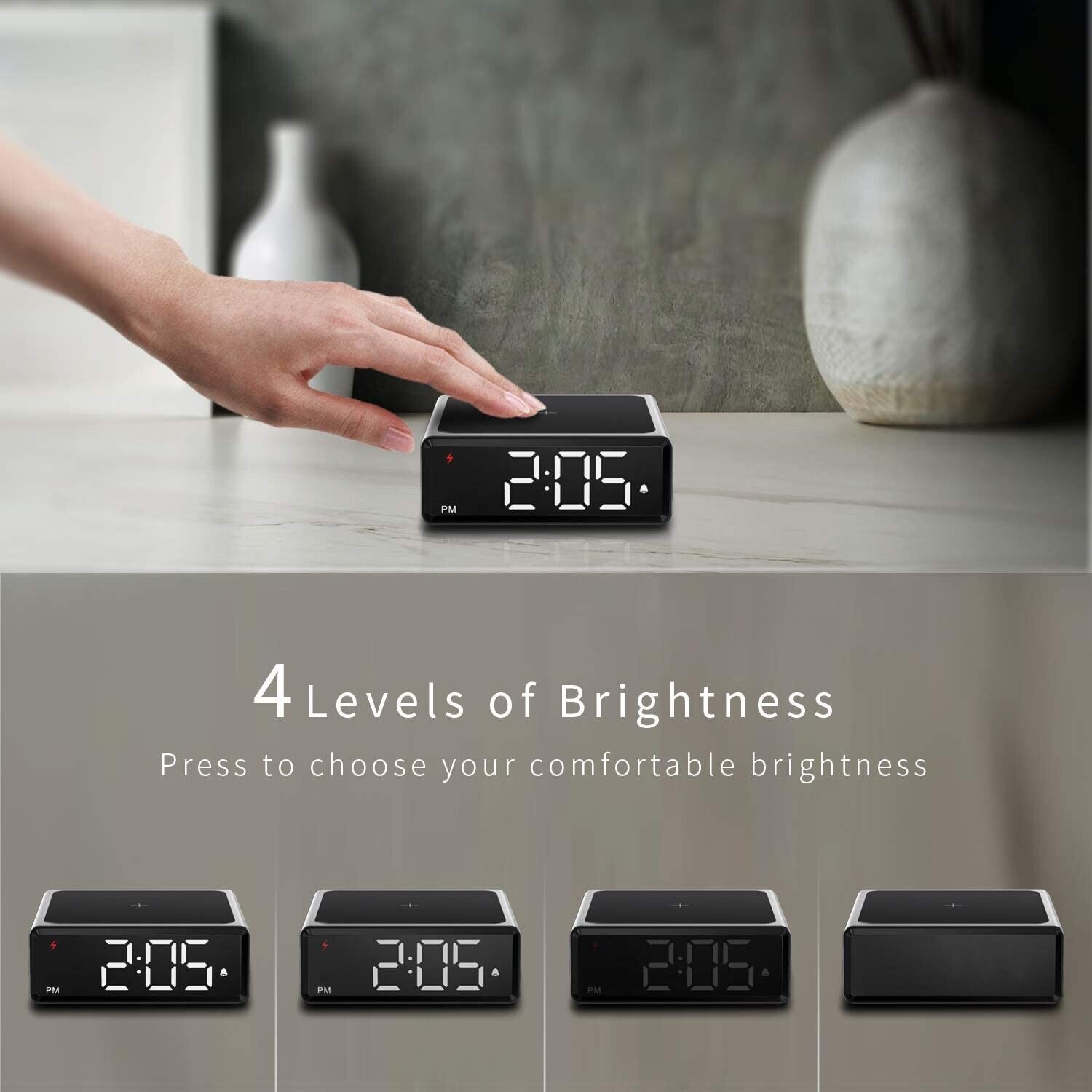 LEAD Small Metal Alarm Clock with Qi Wireless Charging Brand New Digital Alarm Clock,Multifunctional Alarm Simple Operation LED Full-Screen Display Electronic Clock