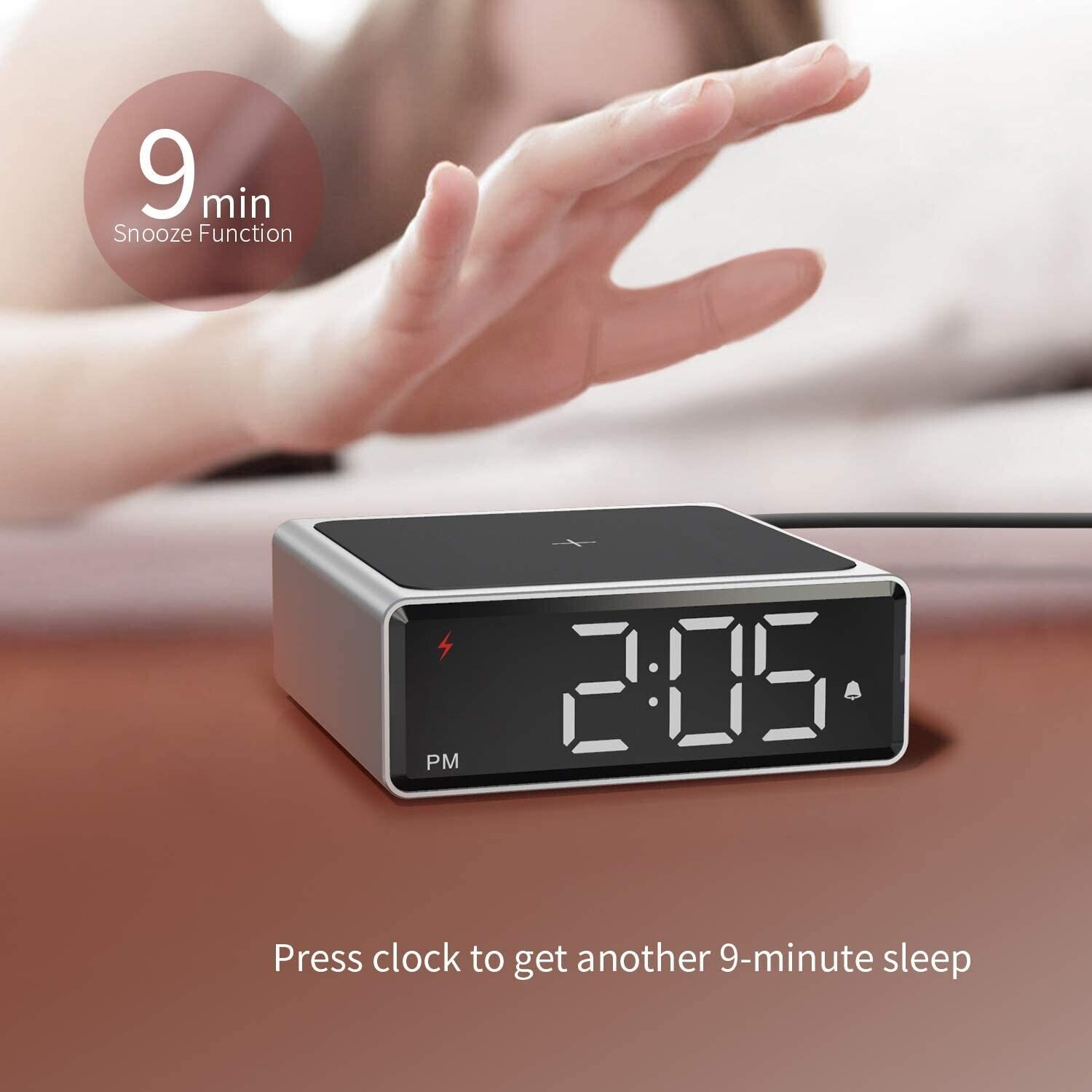 LEAD Small Metal Alarm Clock with Qi Wireless Charging Brand New Digital Alarm Clock,Multifunctional Alarm Simple Operation LED Full-Screen Display Electronic Clock