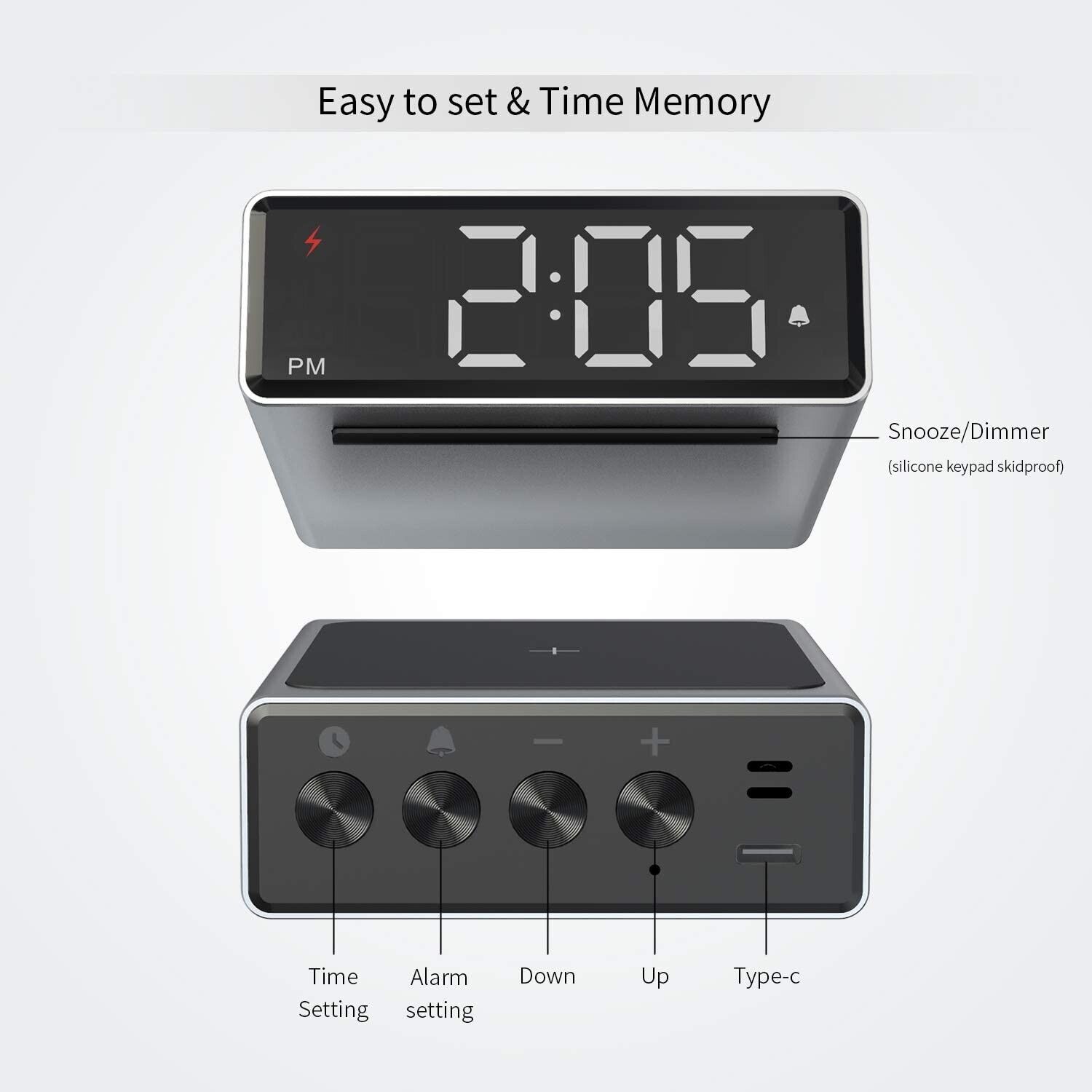 LEAD Small Metal Alarm Clock with Qi Wireless Charging Brand New Digital Alarm Clock,Multifunctional Alarm Simple Operation LED Full-Screen Display Electronic Clock