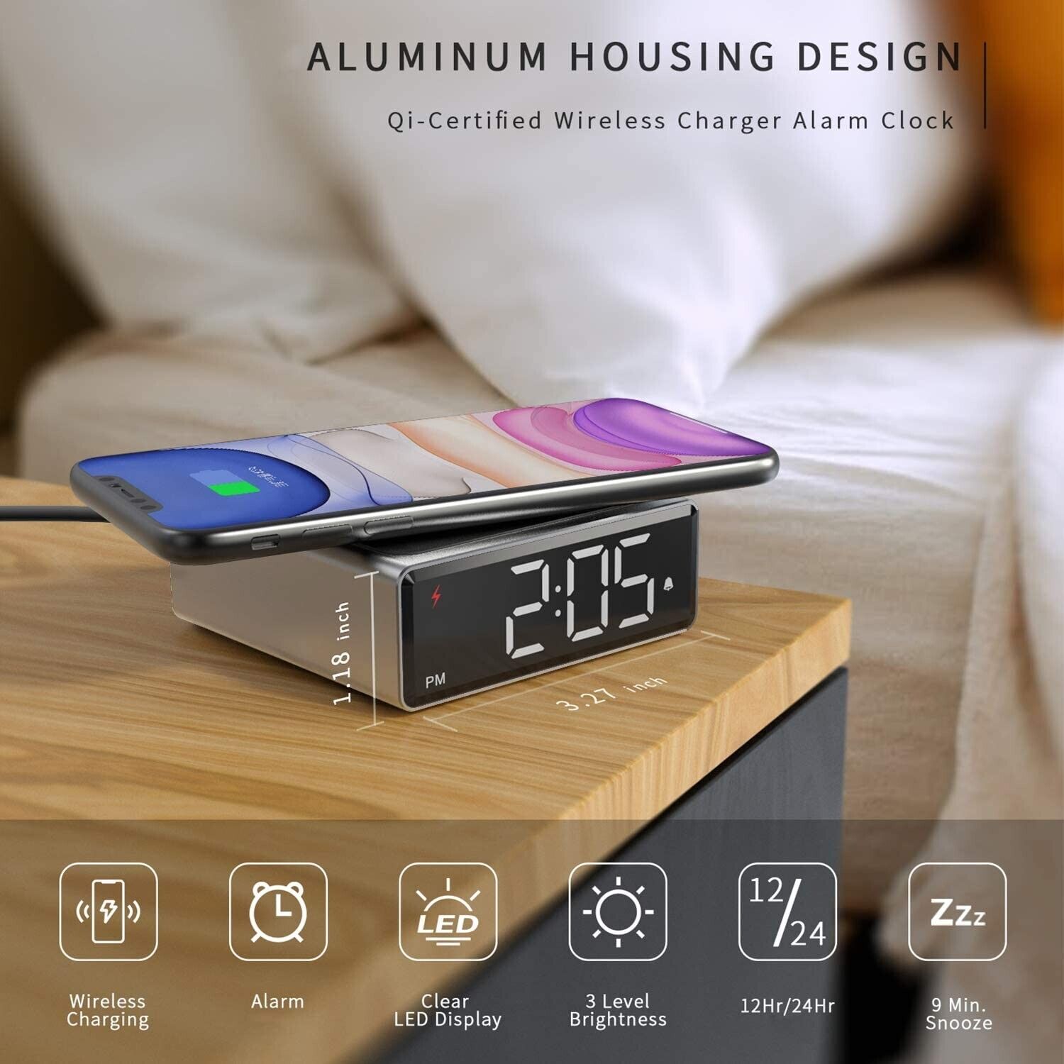 LEAD Small Metal Alarm Clock with Qi Wireless Charging Brand New Digital Alarm Clock,Multifunctional Alarm Simple Operation LED Full-Screen Display Electronic Clock