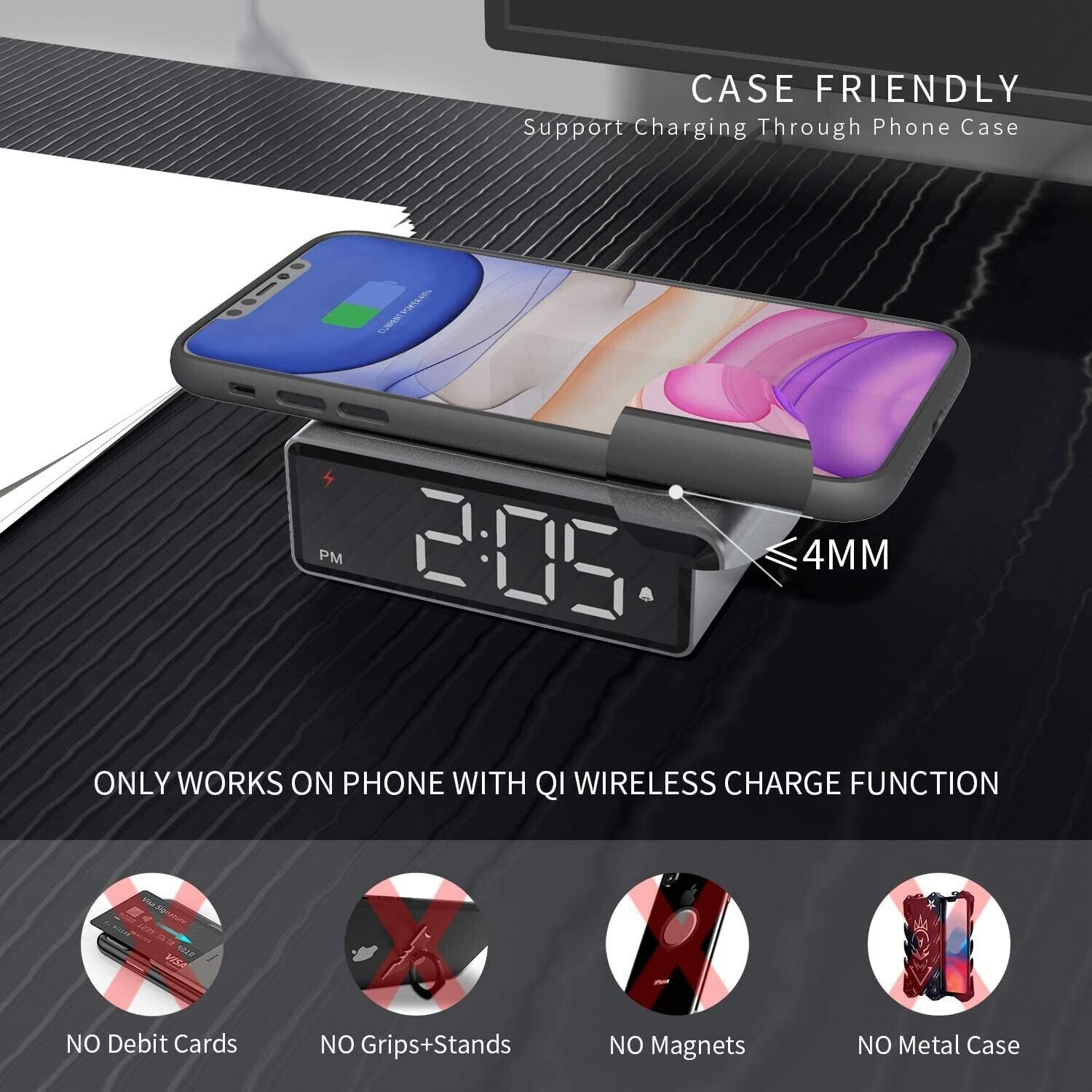 LEAD Small Metal Alarm Clock with Qi Wireless Charging Brand New Digital Alarm Clock,Multifunctional Alarm Simple Operation LED Full-Screen Display Electronic Clock