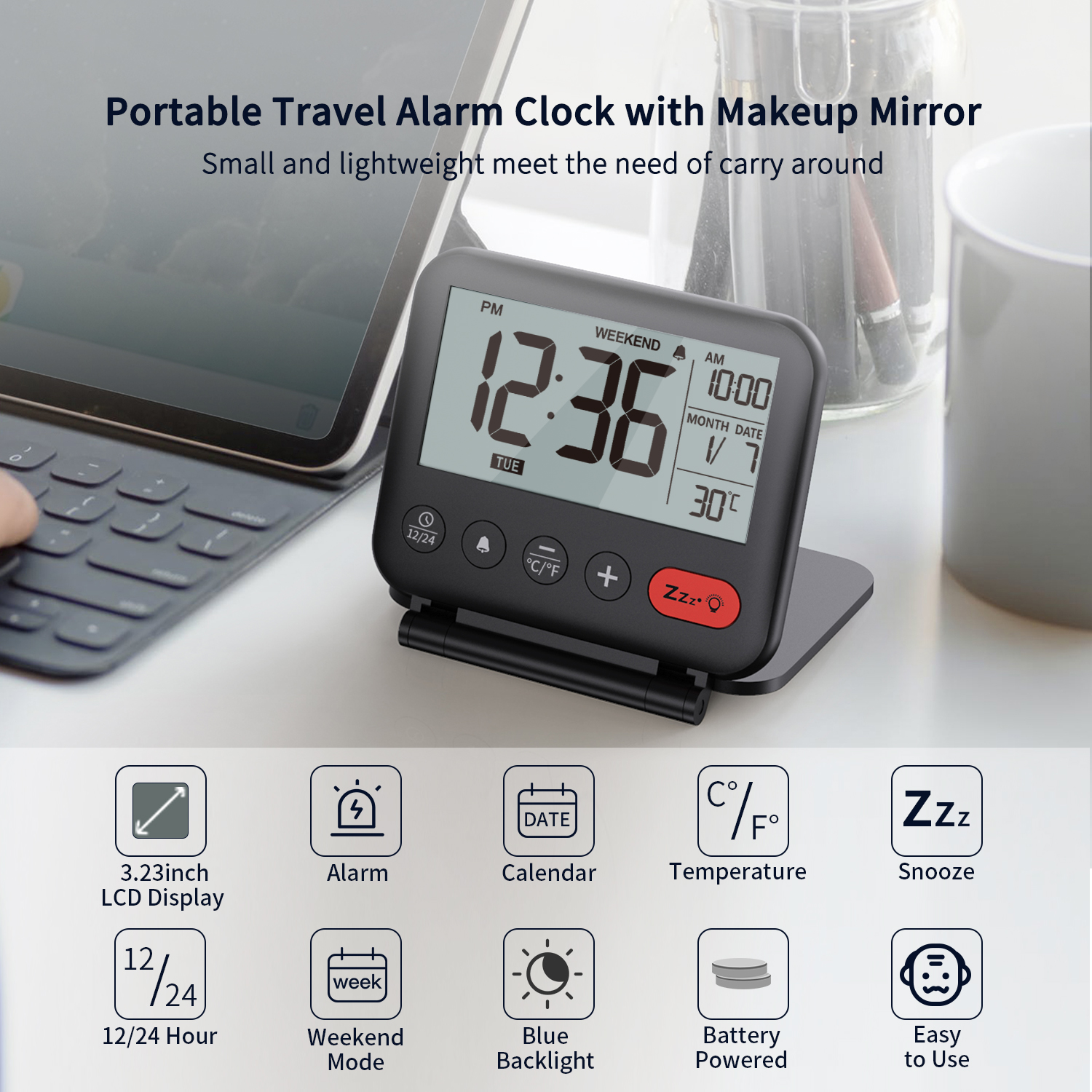 Table Clocks Portable Digital Travel Alarm Clock Creative Mini LCD Foldable Mirror Temperature Makeup Snooze Bedroom Desk