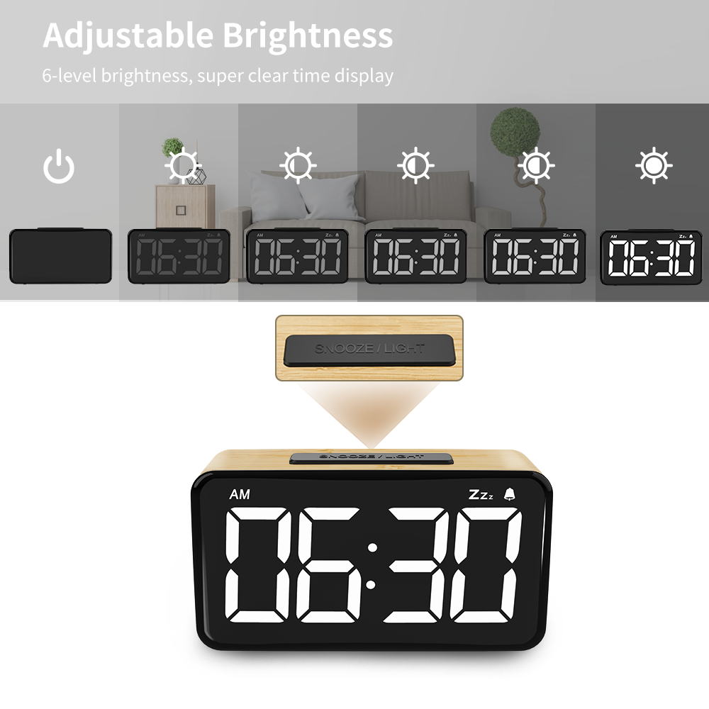 Digital Alarm Clock 6 Inch LED Digit Display Wood Grain Alarm Clock with Snooze Function, 6 Levels of Dimming Brightness, USB Rechargeable, Modern Minimalist Style Alarm Clock for Bedroom Decor, Desk, Bedside, Office