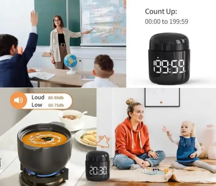 Digital Timer Timer Learning, Full Screen LED Timer, For Use In The Dark, Maximum Settings 199 Minutes, 55 Seconds, 3 Levels of Volume, Floor Switching, Learning, Kitchen, Cooking, Skin Care, Forward and Reverse Timer, Time Management