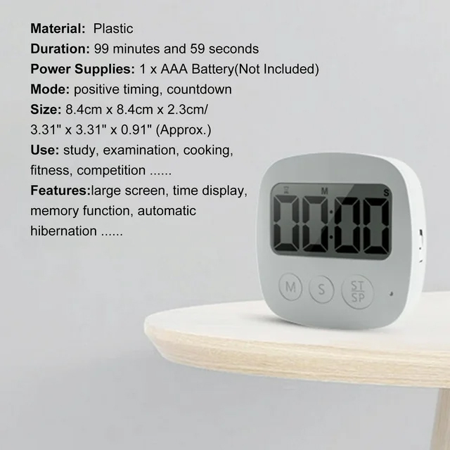 Kitchen Timer Digital Kitchen Timer Countdown Timer Stand Large LCD Display Simple Operation White 8.4x8.4cm Time Management Tool for Kids and Adults