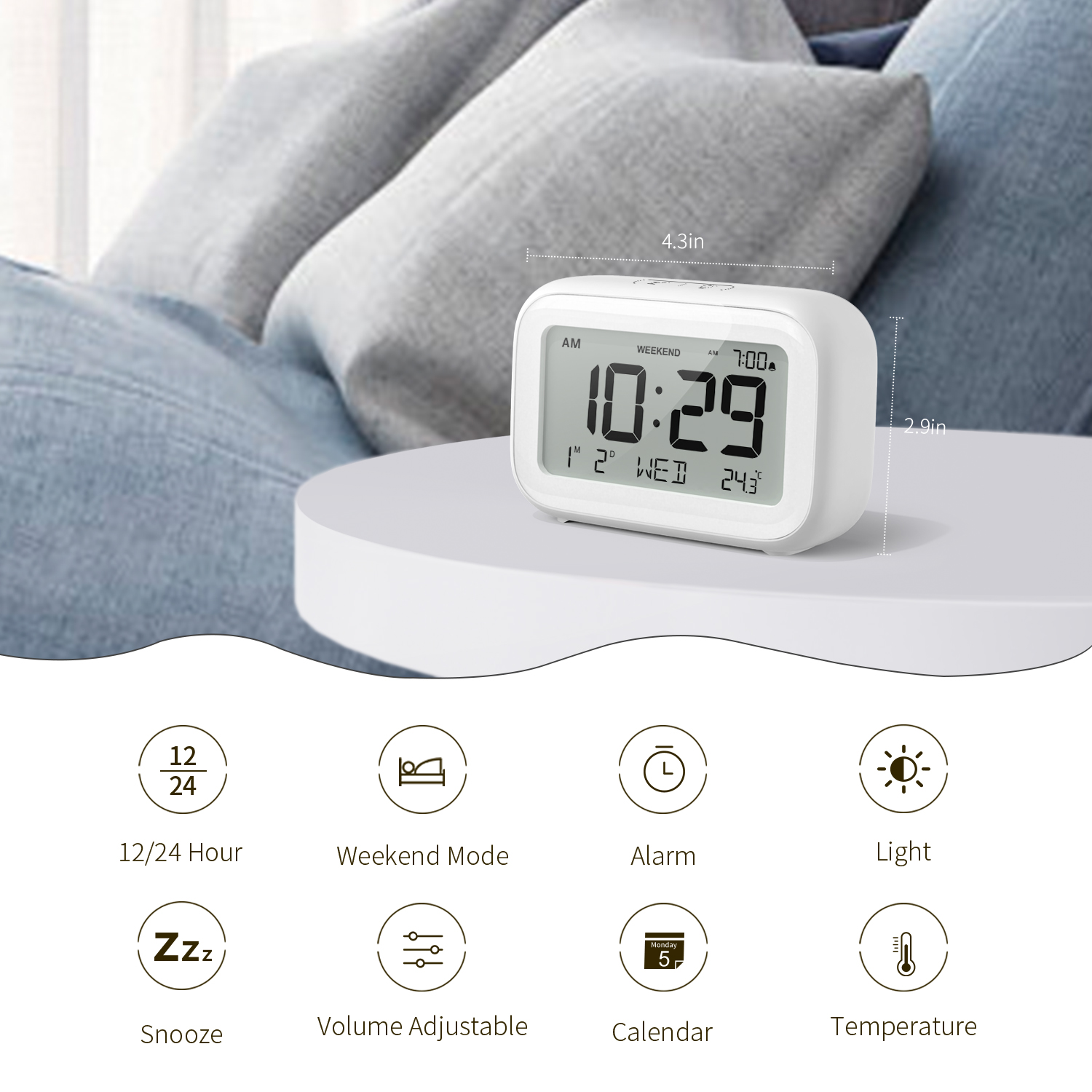 Digital Alarm Clock for Bedroom Travel Office - Modern Minimalist Style, LCD Display Adjustable Volume Snooze 12/24 Hour and Weekend Mode, Easy Setting