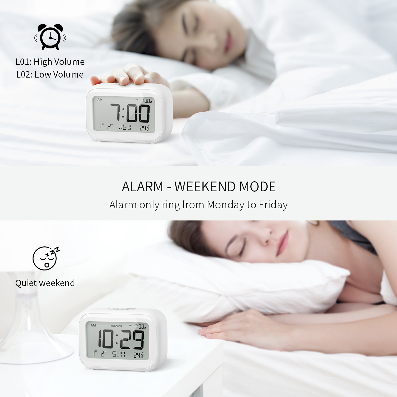 Digital Alarm Clock for Bedroom Travel Office - Modern Minimalist Style, LCD Display Adjustable Volume Snooze 12/24 Hour and Weekend Mode, Easy Setting