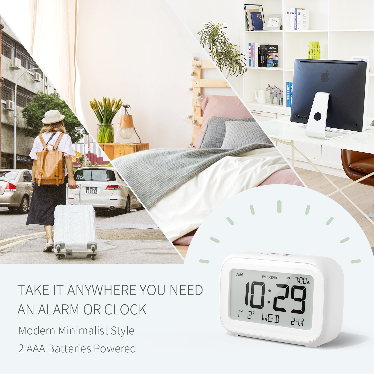 Digital Alarm Clock for Bedroom Travel Office - Modern Minimalist Style, LCD Display Adjustable Volume Snooze 12/24 Hour and Weekend Mode, Easy Setting